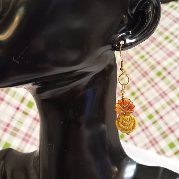 Steel Handmade Hand Crafted Leaf & Rose Beaded Dangle Earrings #55 - Picture 4 of 14